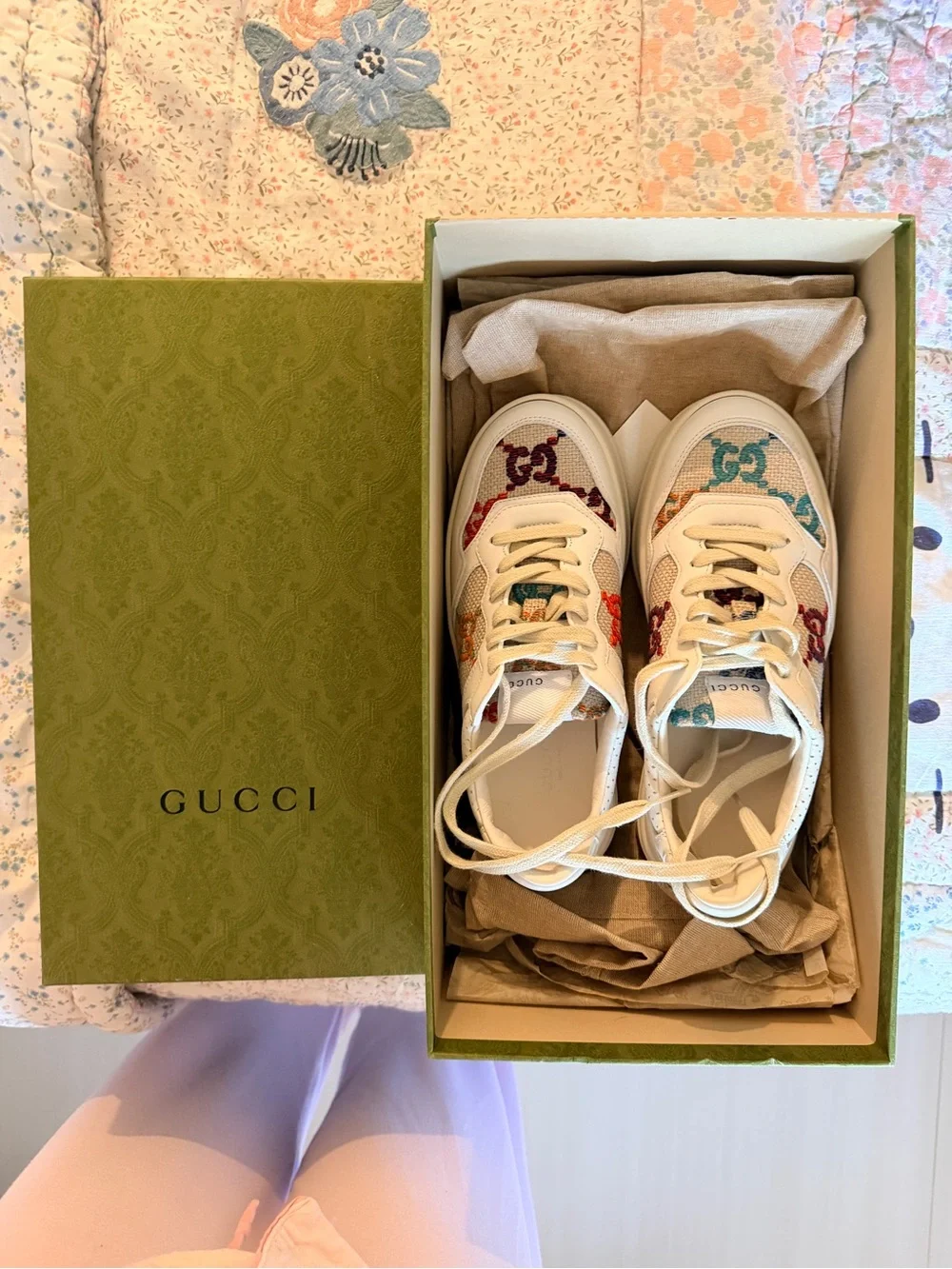 Gucci White Multicolor GG Canvas Lace-Up Sneakers